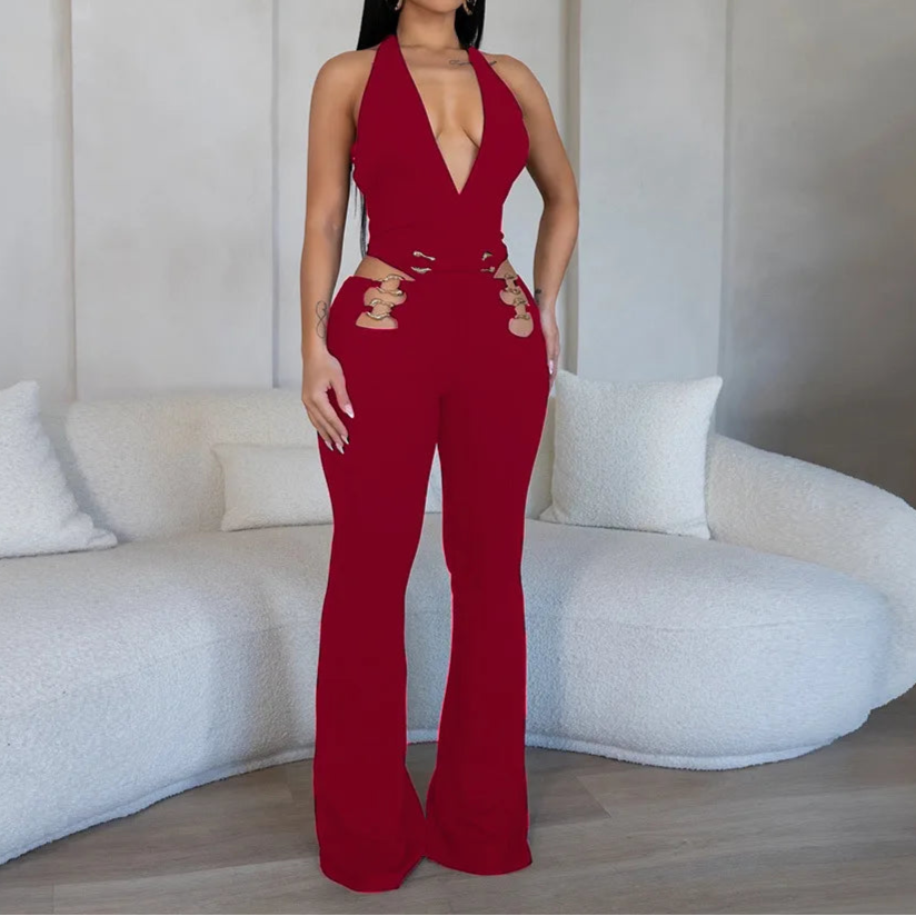 Women V-Neck Backless Straight Sleeveless Flare Jumpsuits One Piece Outfits