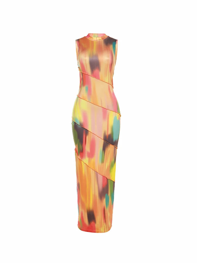 Colorful Print Dress Women Sleeveless Patchwork Skinny Bodycon Dress