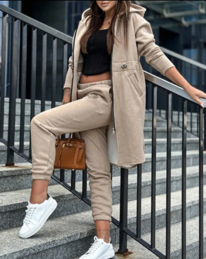 Women Pant Set Hooded Zipper Long Coats Two Piece Suits Casual Straight Pants