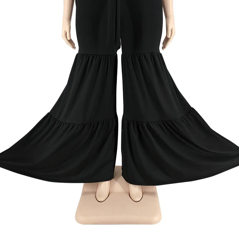 Plus Size Pants Sets Two Piece Outfits Summer Holiday Solid Bandage Top Wide Leg New Matching Suit