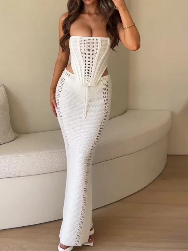 Backless Long Skirt and Top Set Summer Lace-up 2 Pieces Skirt Set Bikini Cover ups