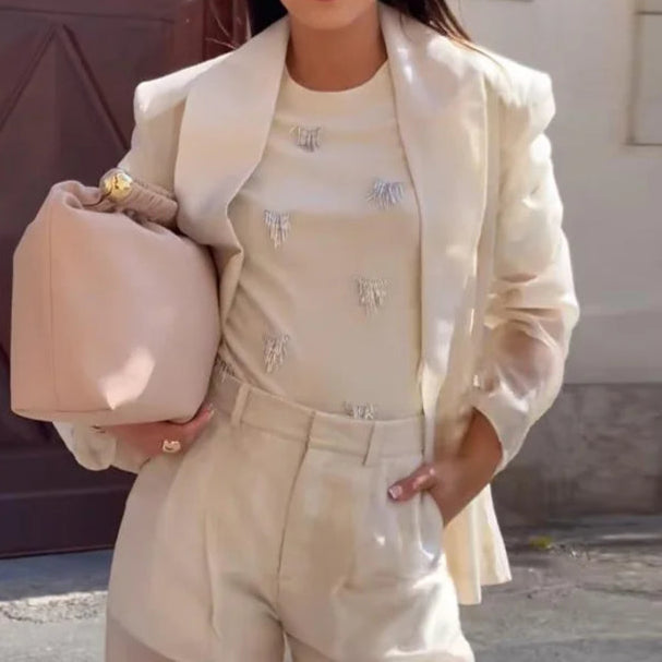 Sexy See Through Silk Set Women Elegant Blazer Coat Loose Shirt Wide-leg Pants
