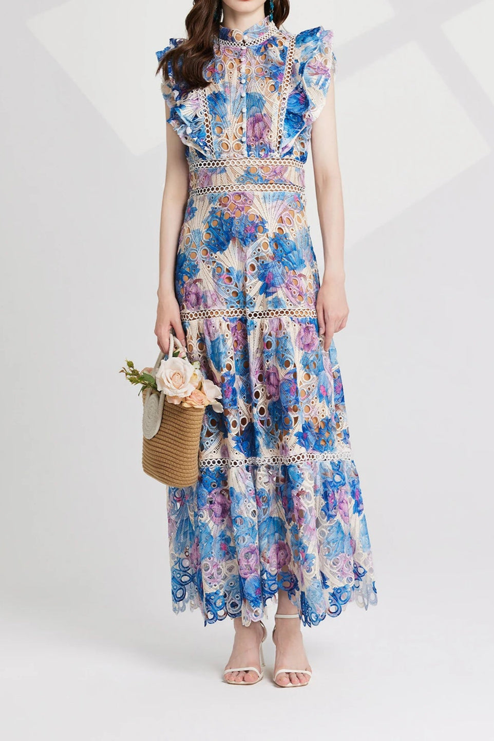 Flower Embroidery Maxi Wedding Guest Dress Women Flare Ruffles Sleeve Neck Colorful Long Robe