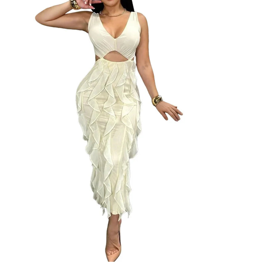 Wedding Guest Dress Women Sleeveless V-neck Ruffle Bodycon Midi Dress Birthday Outfit