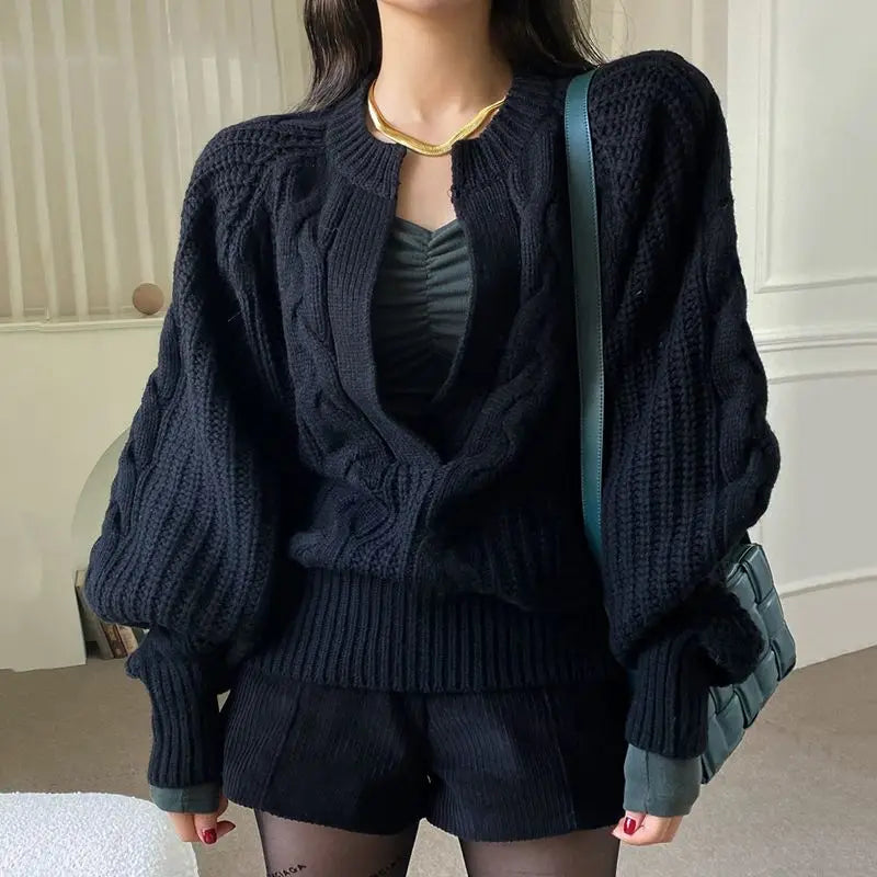Chic Fried Dough Twists Pattern Pullover Loose Lantern Sleeve Knit Sweater