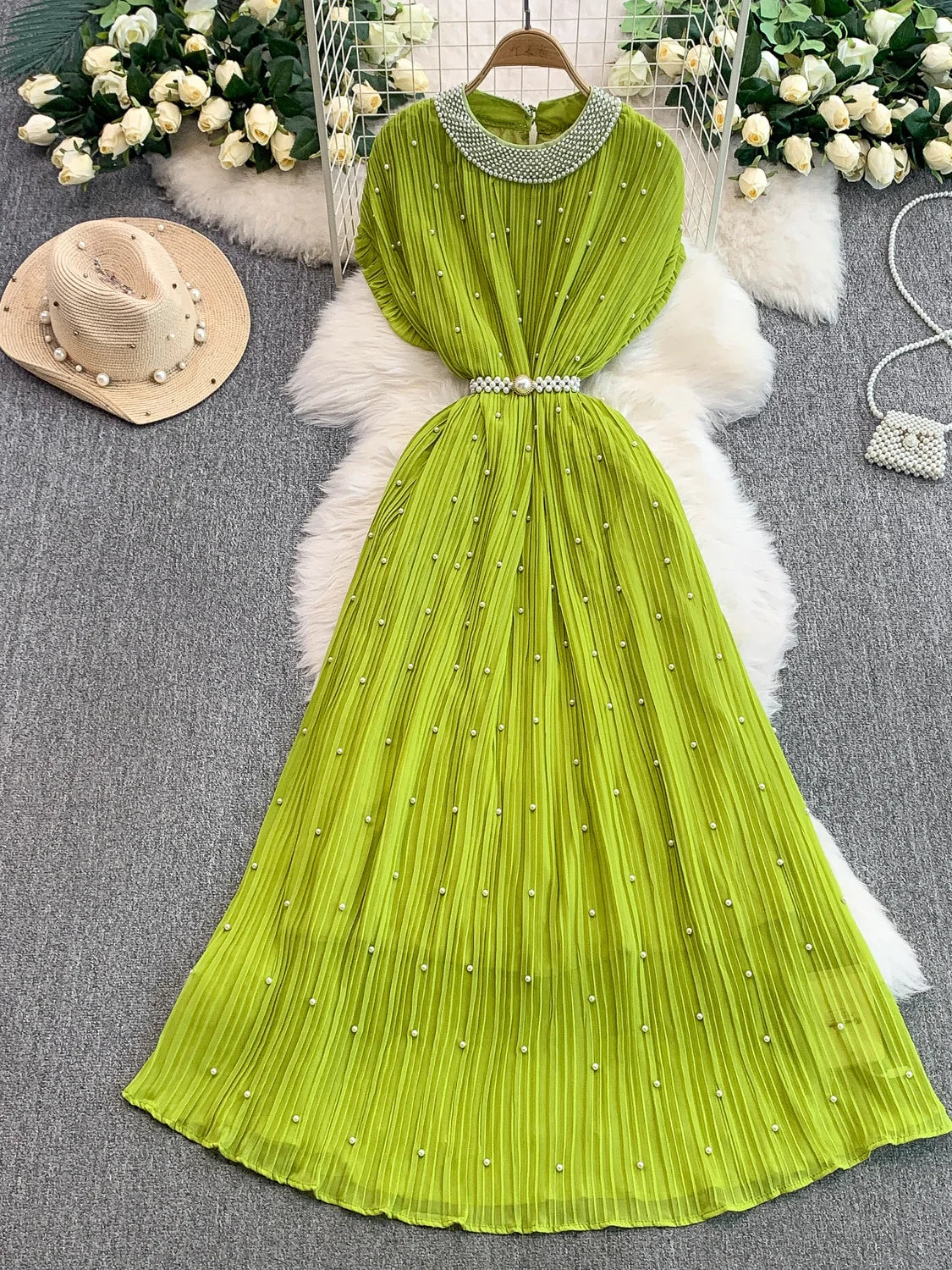 Summer Luxury Pearls Long Chiffon Dress For Women Loose Big Size Short Sleeve Crystal Birthday Evening Midi Pleated Dresses