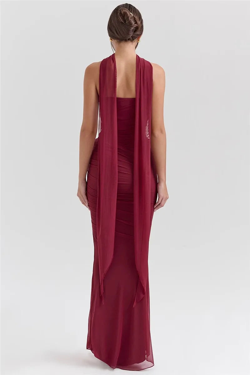 Wine Red Sexy Two Piece Sets Women Neckerchief Strapless Crop Tops And Maxi Skirt Sets