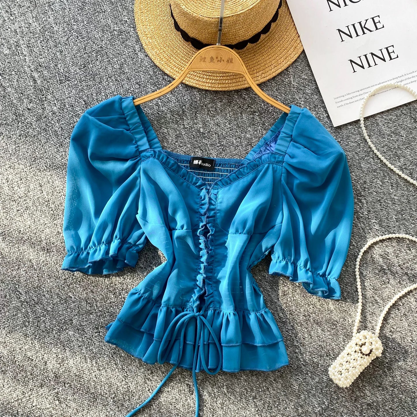 French Style Chiffon Blouse Square Neck Short Sleeves Ruffles Lace Up Beach Top