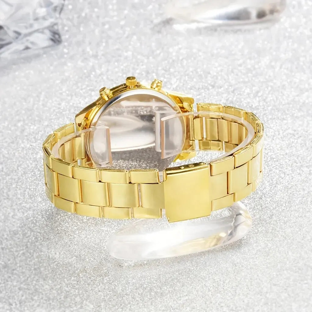 5 PCS Set Gold Watch Women Luxury Ring Necklace Earrings Rhinestone Fashion Wristwatch