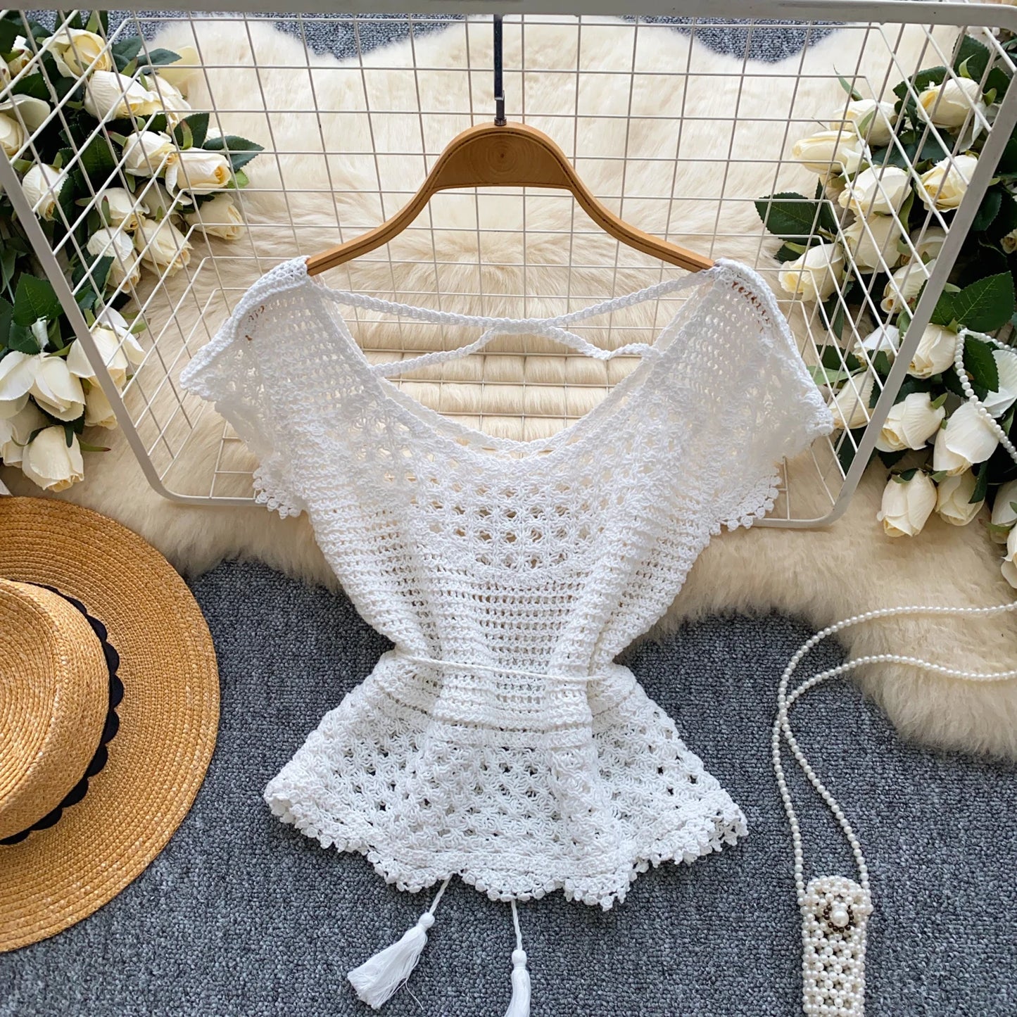 Bohemian Tassel Knit Tops Women Lace Up V Neck Elastic Summer Blouse Vacation Blouse
