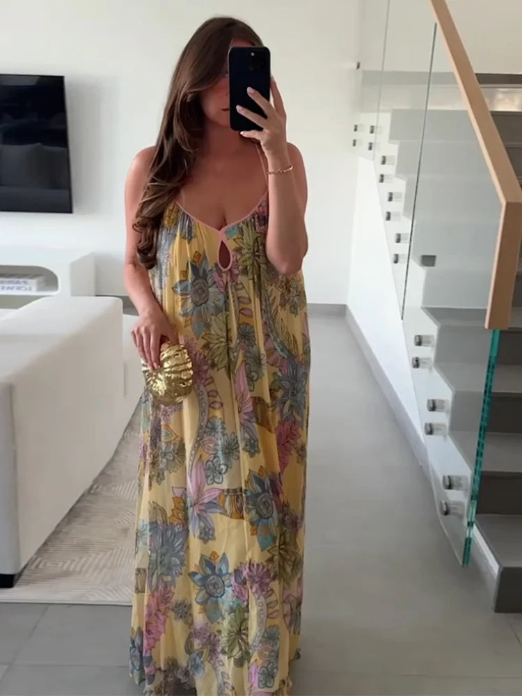 Print Floral Women's Dress Halter V-neck Sleeveless Hollow out Straight Vacation Dress