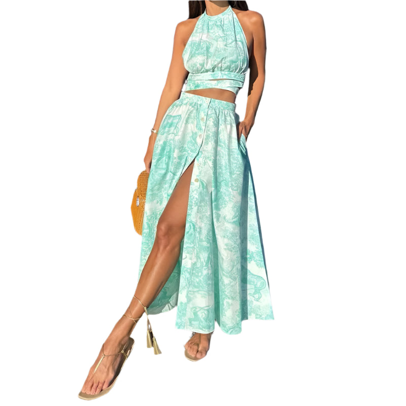Sleeveless Halter Blouse Tops & Button Slit Skirts Set Pattern Print Party women Sets