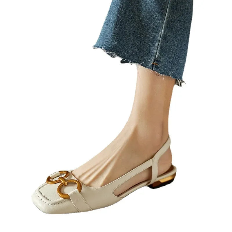 French Low Heel Retro Toe Cover Sandals Women Summer Empty Horse Bit Faux Leather Strap Sandals