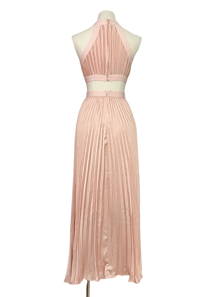 Sexy Halter Neck Cutout Pleated A-line Long Dress Pink Sleeveless Backless Party Dress