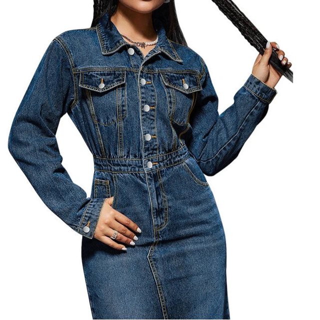 Streetwear Denim Dress Spring Clothes Women Turn Down Collar Up Jean Dresses Cowboy Dress