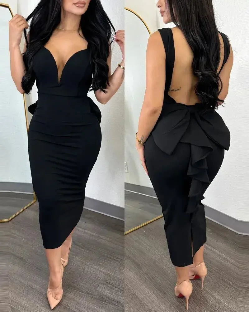 Sexy Plunging V-neck Backless Bowknot Ruffles Bodycon Midi Dresses for Women Party Night Elegant Club Celebrity Prom Dress