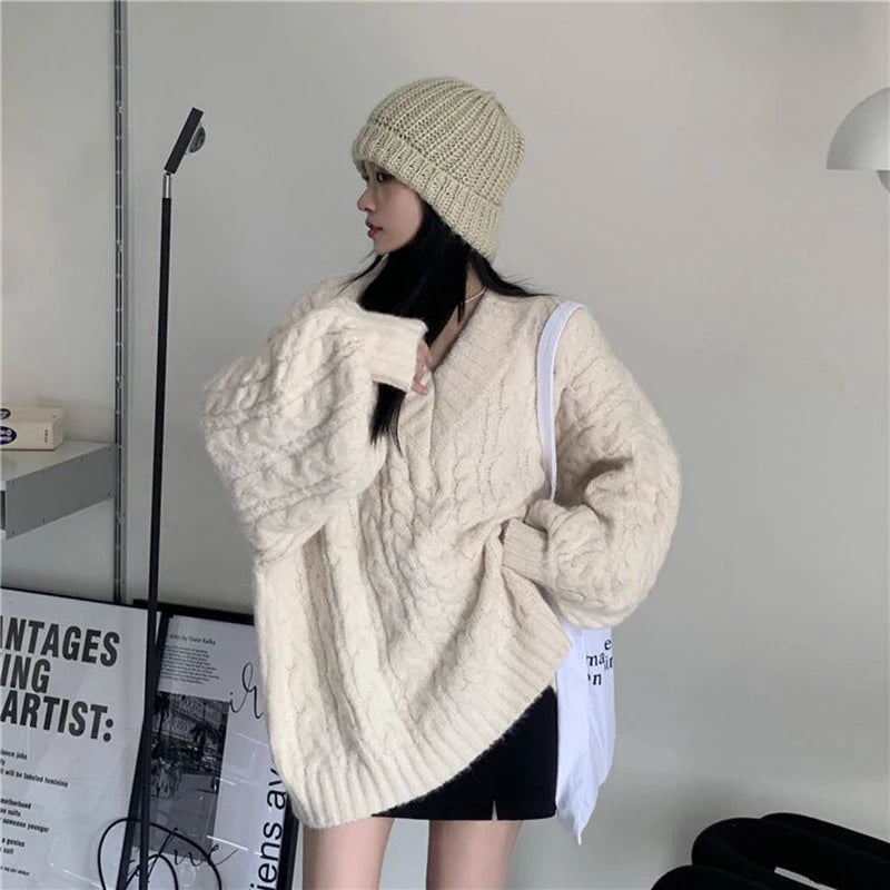 Harajuku Women Sweater Cute Oversized Knitted Pullover V Neck Sweater