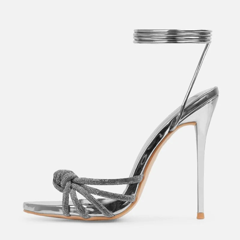 Silver Crystal Narrow Band Women's Heel Sandals Summer Party Wedding Prom Shoes Platform Open Toe High Heels