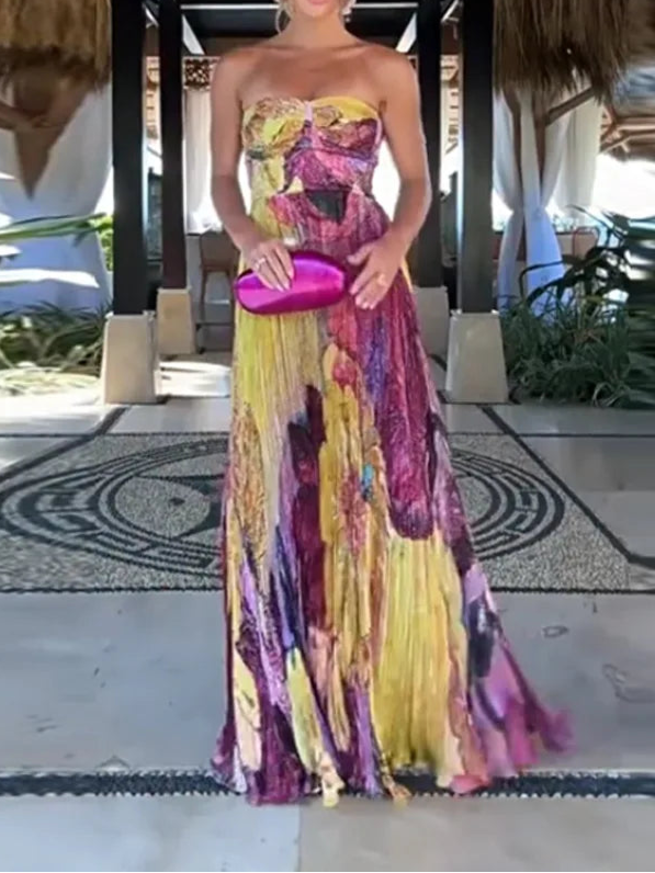 Women Strapless Sleeveless Backless Slim Sling Pleated Dress Party Maxi Dress