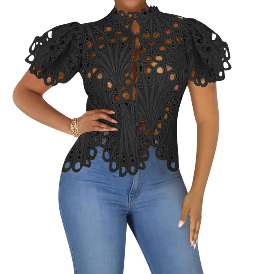 Summer Shirts For Women Elegant Short Sleeve Hollow Out Lace Sheer See Through Top Blouse