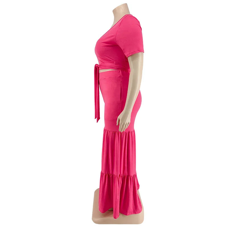 Plus Size Pants Sets Two Piece Outfits Summer Holiday Solid Bandage Top Wide Leg New Matching Suit