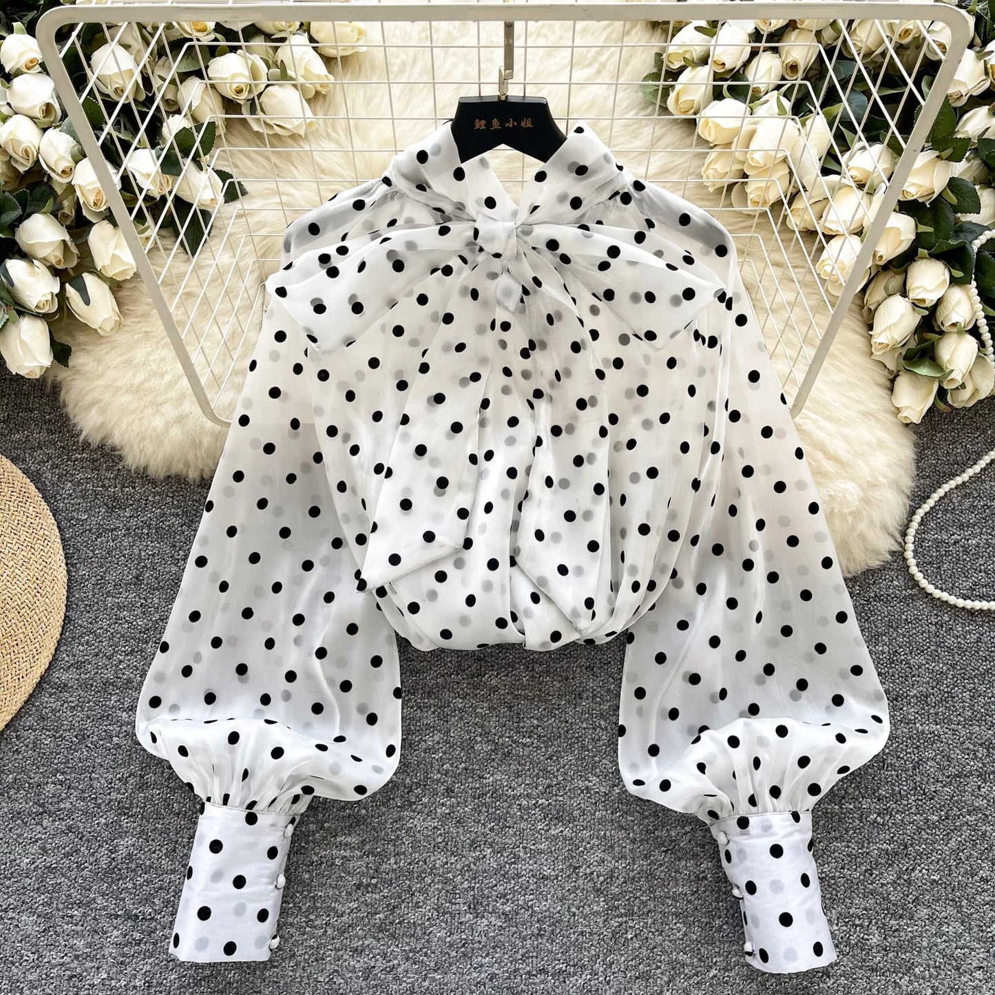 Vintage Polka Dot Tops Puff Sleeve Bow Lace Up Design Blouse