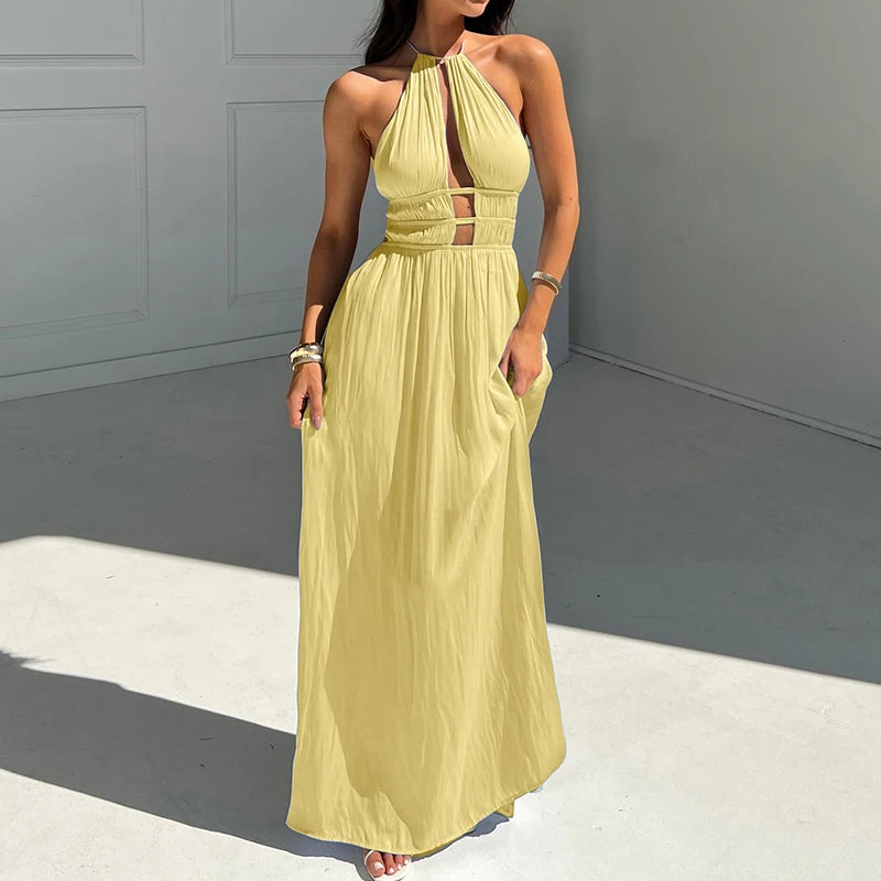 Halter High Waist Holiday Maxi Dress Simple Solid Pleated Long Dress Beach Dresses