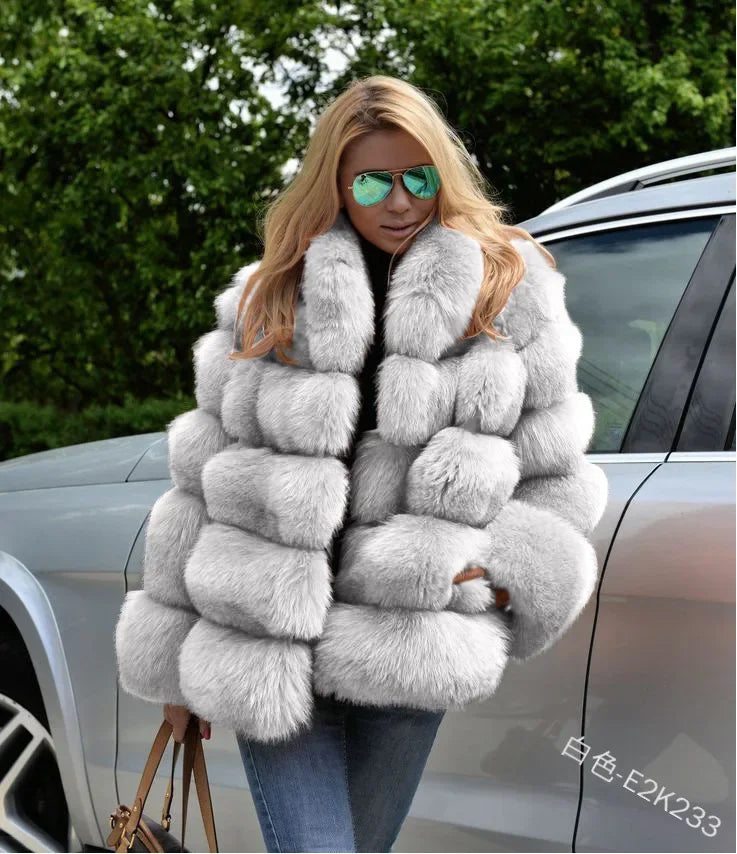 Women Faux Fox Fur Coats Turn Down Collar Thick Warm Elegant Jackets Streetwear