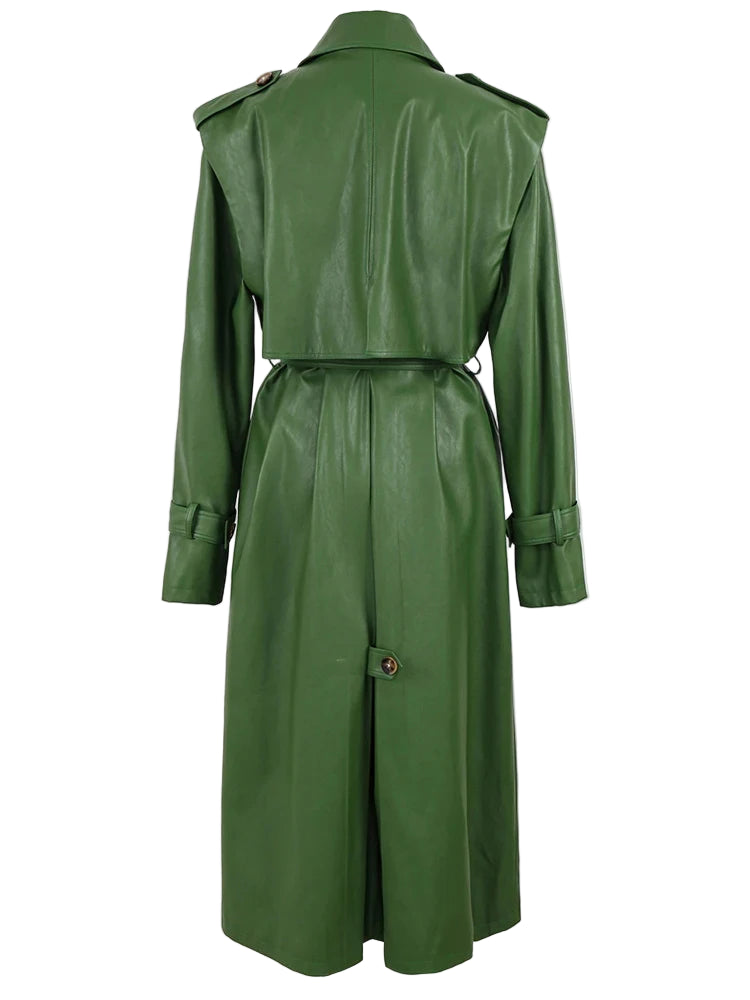 Long Green Pu Leather Trench Coat for Women with Back Slit Sashes Single Breasted