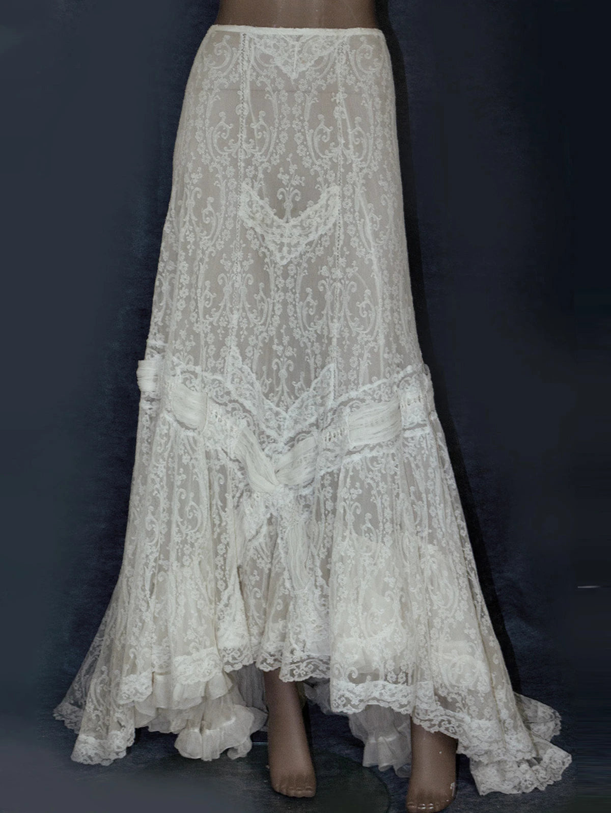 Women High Waist Skirt Elegant Guipure Lace Ruffle Trim Asymmetric Hem Vintage Casual Transparent Maxi Skirt