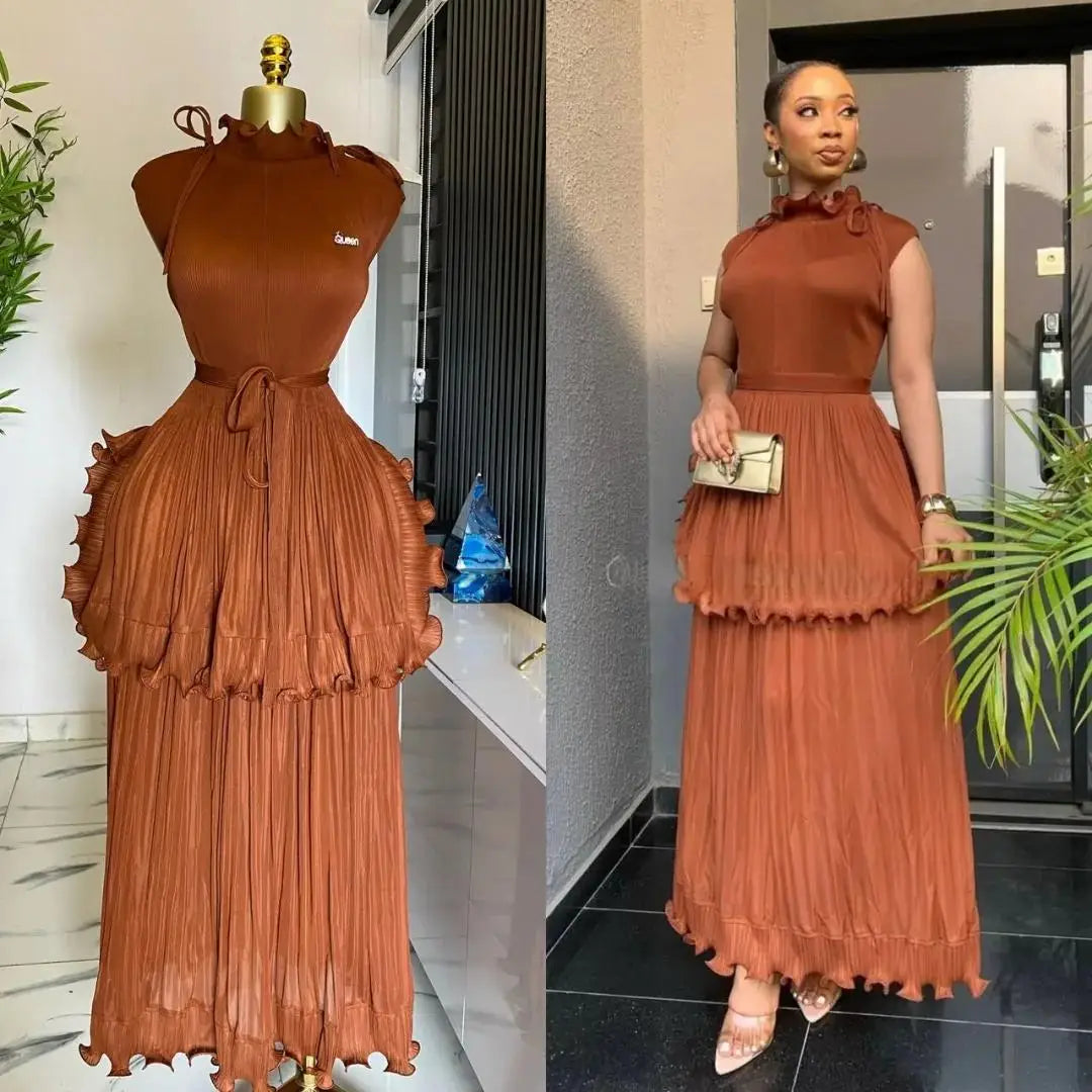 Pleated Dress Women's Solid Sleeveless Ruffles Lace Wedding Guest Dress Cocktail Dress