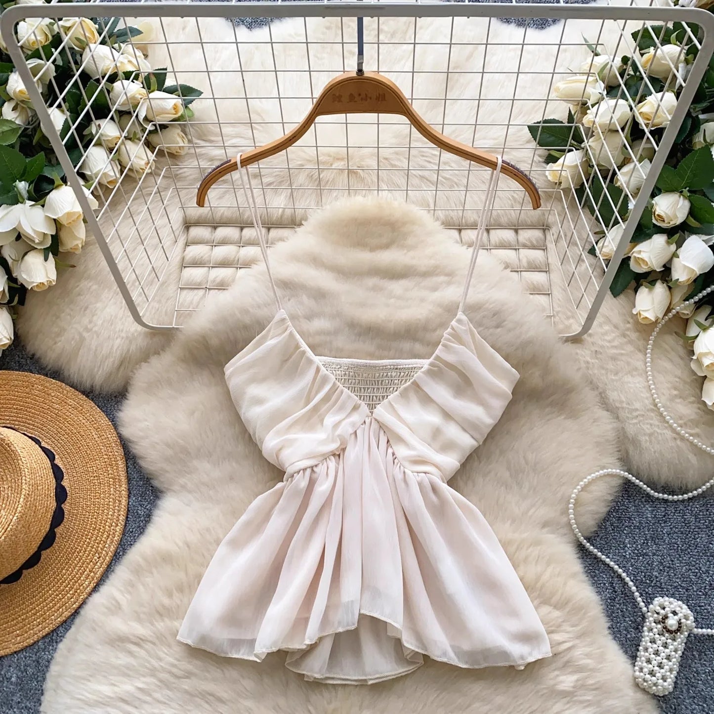 Chiffon Tops Straps Deep V Backless Top Ruffles Short Tank Top Vacation Style Sexy Tops