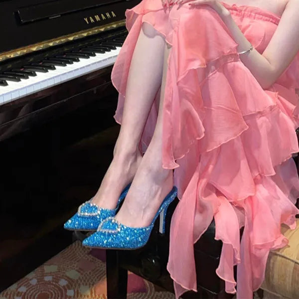 Shallow Mouth High-heeled Women's Shoes Love Rhinestone Shining Thin Heel Pump Slippers