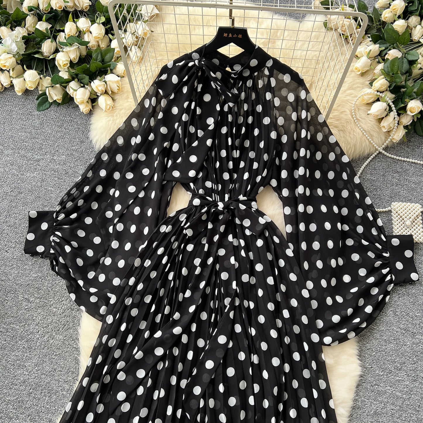 Women Elegant Long Flare Sleeves Vintage Bow neck Bow Loose Midi Dress