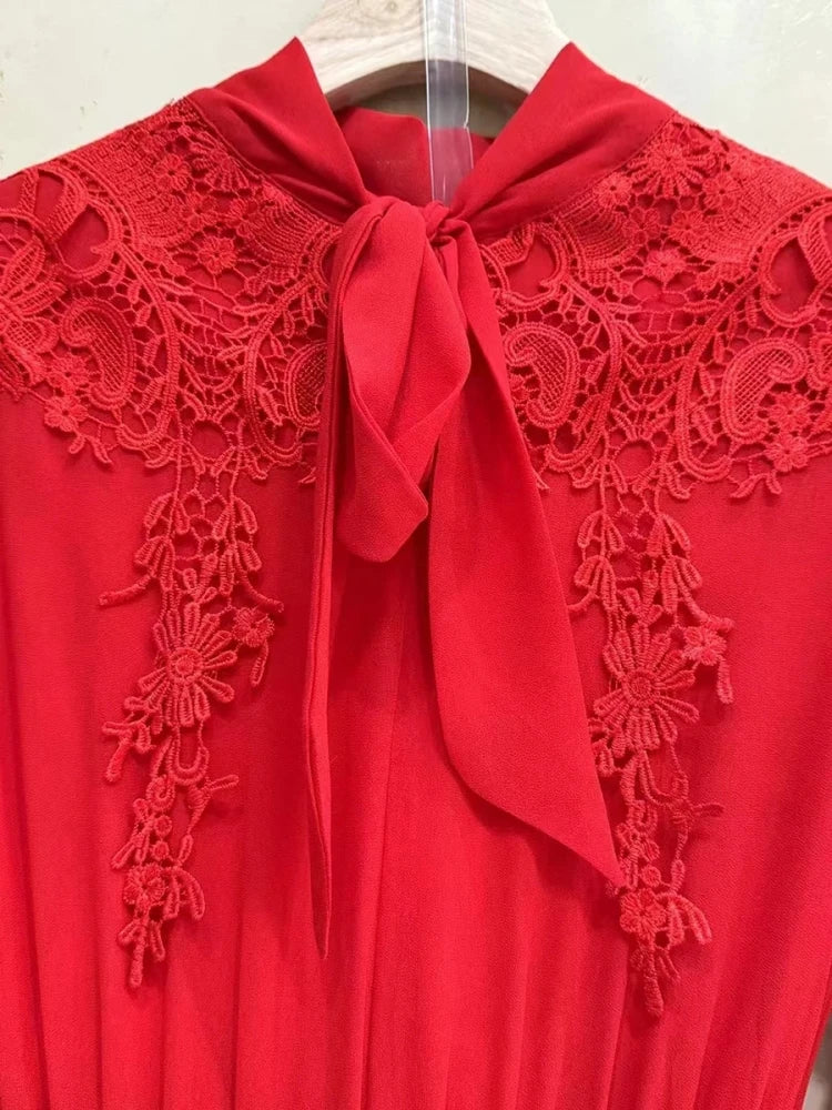 Sexy Long Sleeves Lace Patchwork Maxi Dress Women Red O Neck Folds A-line Cocktail Gown
