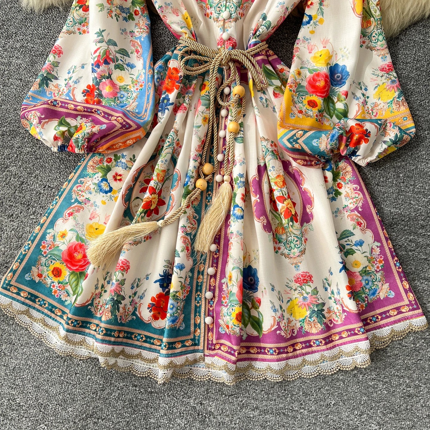Elegant Vintage Luxury Evening Dress Women Print Sashes Button Short Party Dress Female Casual Holiday Clothing