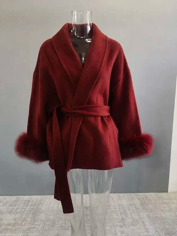 Women Overcoats Fur Patchwork Long Sleeve Woolen Coat