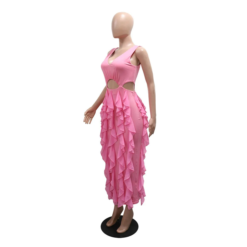 Wedding Guest Dress Women Sleeveless V-neck Ruffle Bodycon Midi Dress Birthday Outfit