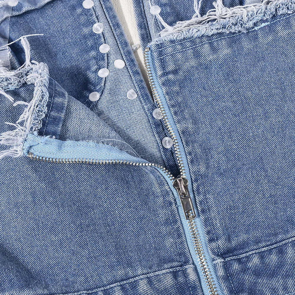 Slim Fit Denim V-neck Backless Tassel Trendy Jumpsuit Women's Strapless High Waist Ripped Pocket Sexy Street Rompers