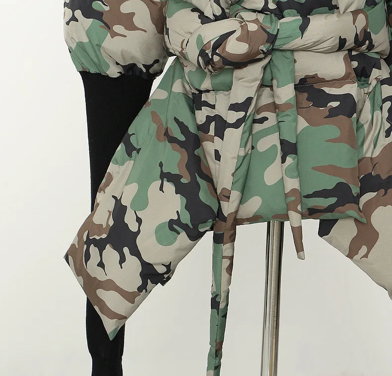 Women's Cotton-padded Coat Belt Irregular Waist Camouflage Knitted Sleeve Parkas Jackets Winter Jackets