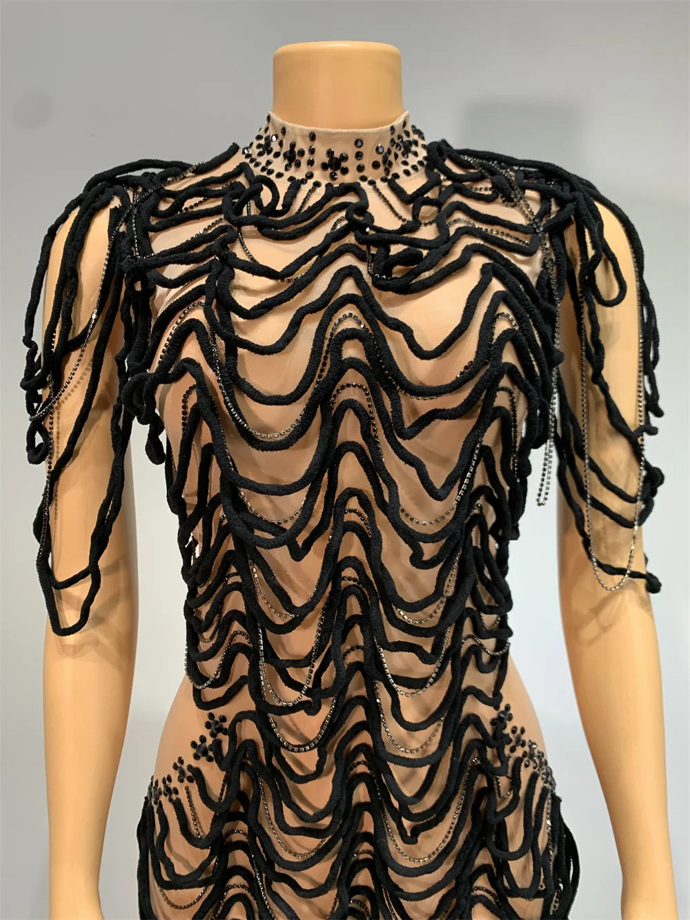 Mesh Rhinestones Chain Mini Dress Nightclub Party Performance Outfit