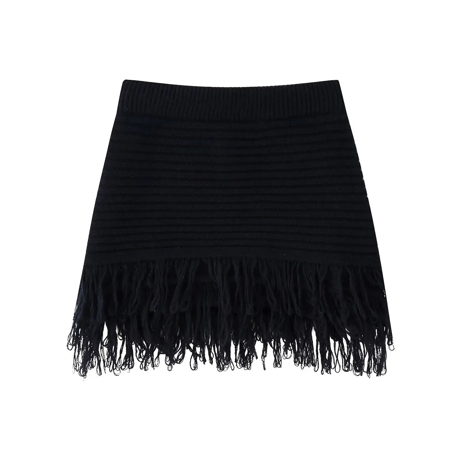 Vintage Women Knitted Hollow Out Tassel Mini Skirt Set Cardigan+Fringe Mini Skirt