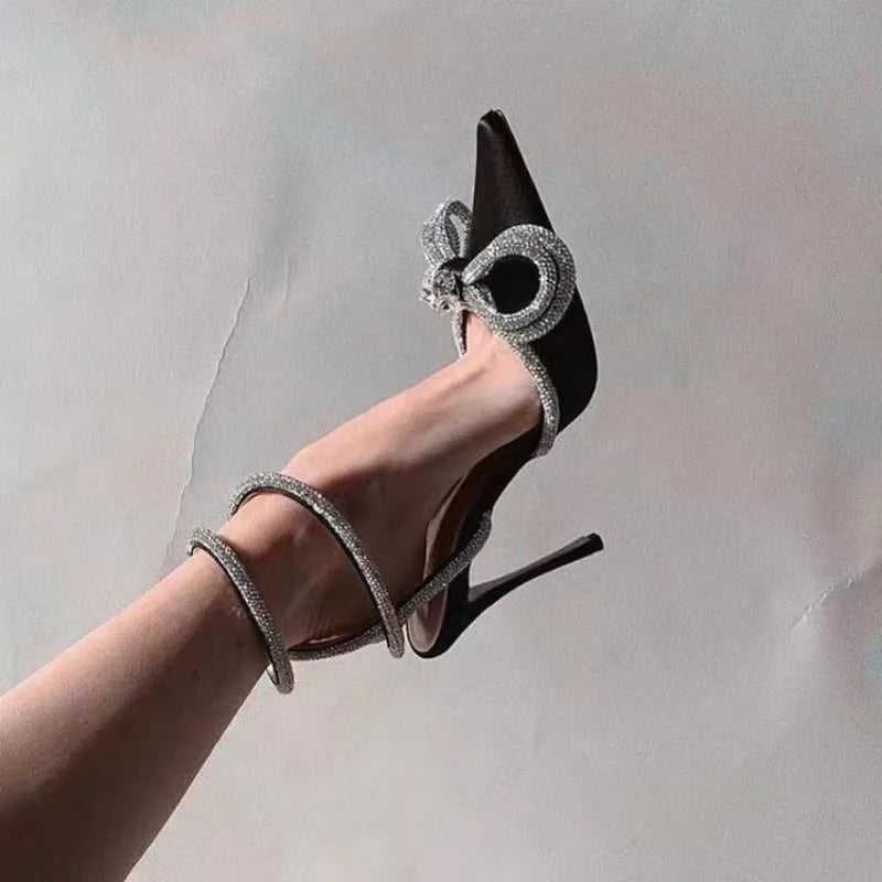 Glitter Rhinestones Women Pumps Crystal Bowknot Silk Pointed Toe Buckle Strap Thin High Heels Party Prom Shoes