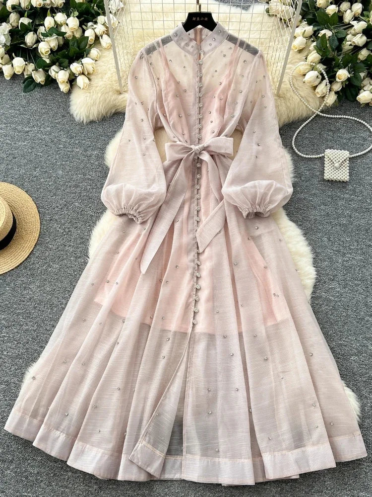 Elegant Lantern Sleeves Vintage Stand Collar Chic Single Breasted Rhinestone Bandage Slim High Street Long Dresses