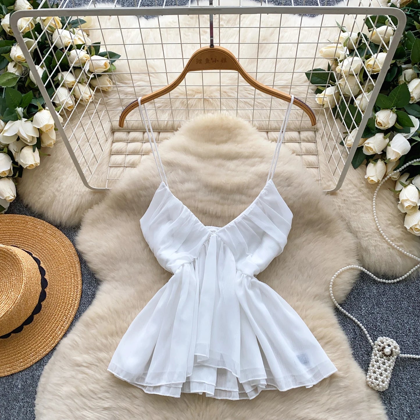 Chiffon Tops Straps Deep V Backless Top Ruffles Short Tank Top Vacation Style Sexy Tops