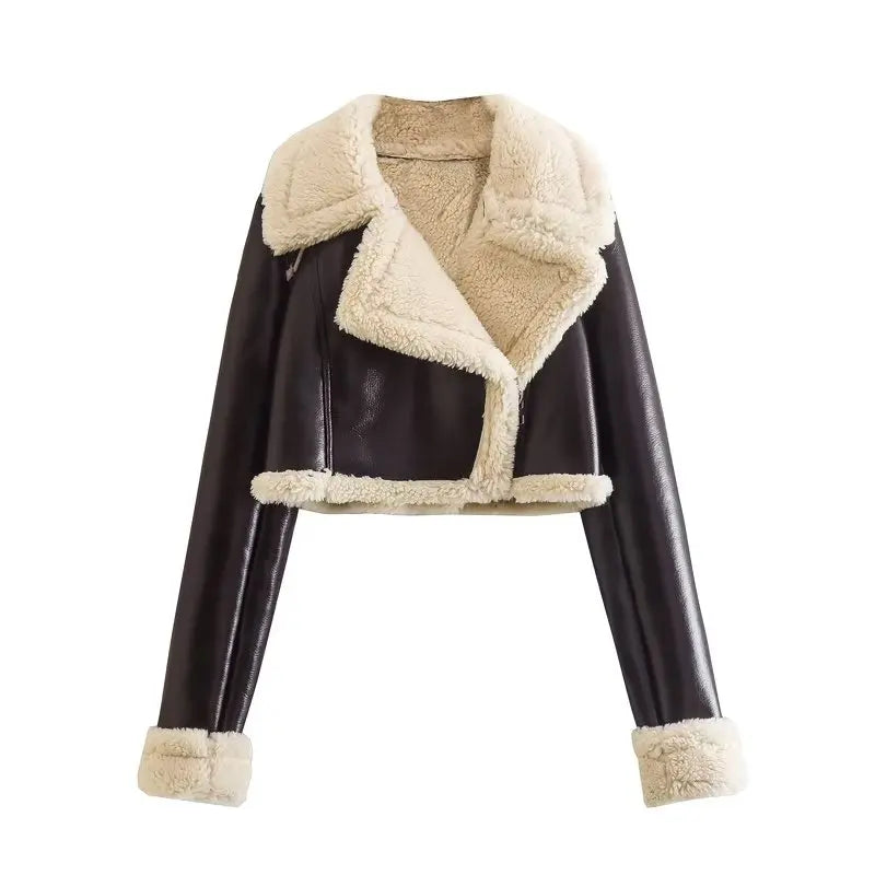 Women Solid Front Zipper Jackets Vintage Lapel Neck Long Sleeves Jacket