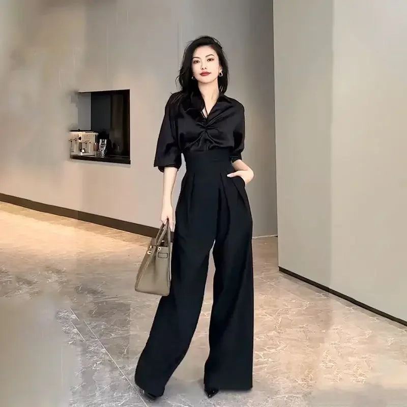 Black Design Wide-Leg Pants Women's Slimming Suit Pant Trousers