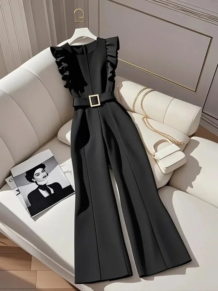 Oversized Luxury Temperament Jumpsuit Women Ruffles Sleeveless Elegant White Jumpsuit with Belt