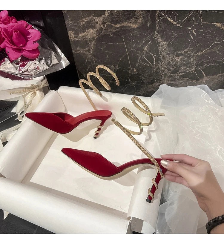Women's Sexy Snake-Strap Rhinestone Suede Pointed High-heeled Wedding Shoes