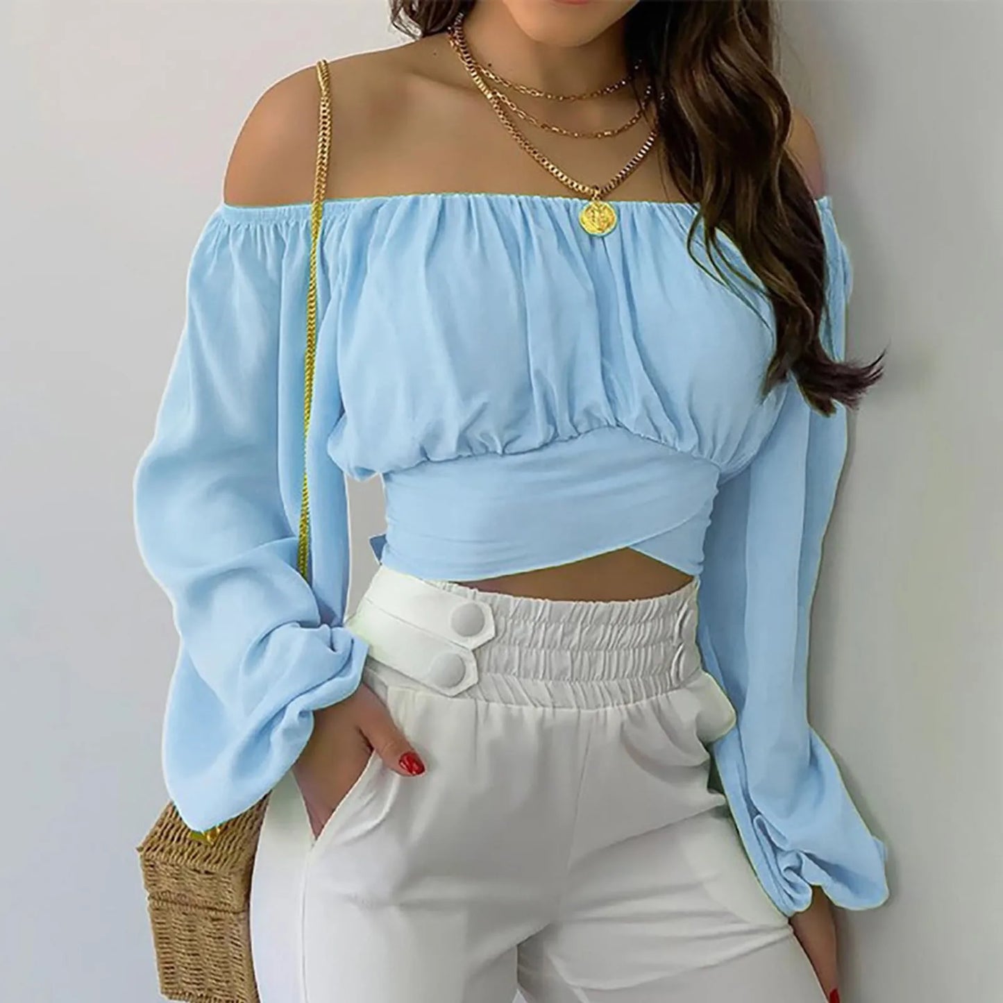 Women Sexy Off Shoulder Print Blouses Chic and Elegant Lantern Long Sleeve Cropped Top